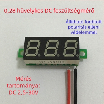 0,28 hüvelykes digitális DC feszültségmérő modul, 12V LED kijelző, kétvezetékes, mérési tartomány 2,5–30V