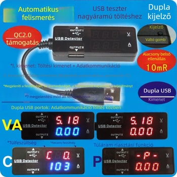 USB voltmetr e-ampérmérő digitális dupla kijelzővel, USB töltés teszteléséhez telefonokhoz, külső akkumulátorokhoz és tabletekhez