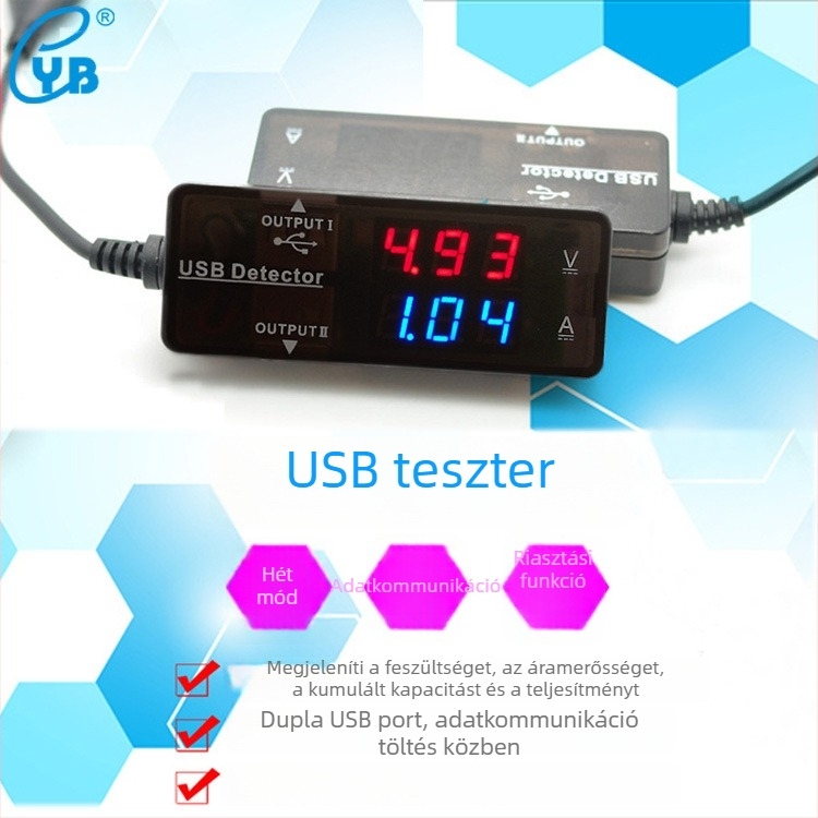 USB voltmetr e-ampérmérő digitális dupla kijelzővel, USB töltés teszteléséhez telefonokhoz, külső akkumulátorokhoz és tabletekhez