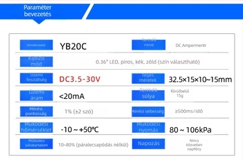 YB20C digitális DC ampermérő, LED 0,36 hüvelykes kijelző, DC0-1A, 5A/10A/50A