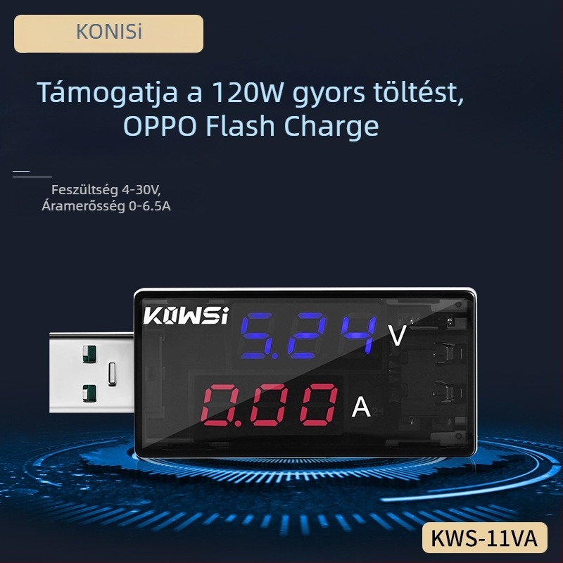 KWS-11VA Digitális USB-tesztelő voltmérővel és ampermérővel — max. 6,5 A, 120 W