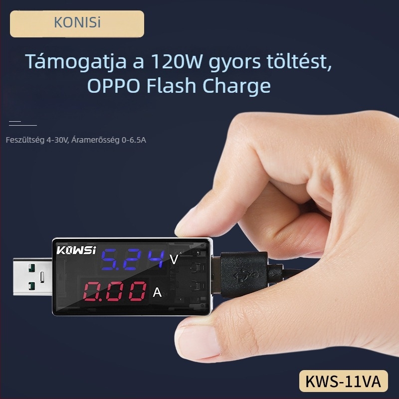 KWS-11VA Digitális USB-tesztelő voltmérővel és ampermérővel — max. 6,5 A, 120 W