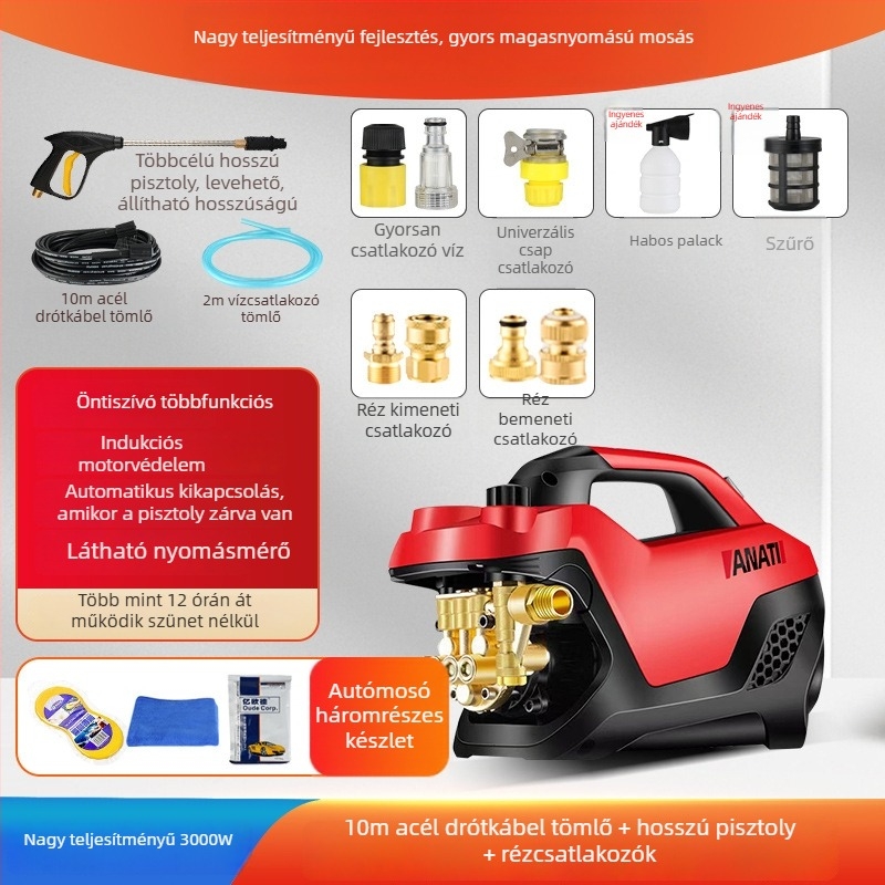 Hordozható magasnyomású autómosó rendszer, 3000W, 220V, legfeljebb 25 MPa, legfeljebb 15 L/min