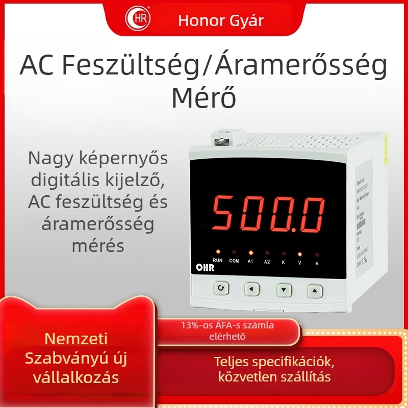 Digitális AC voltmérő és ampermérő kijelzővel; tartomány 0.0–500.0 V; 0.03–5.00 A; pontosság ±0.2%; RS485/RS232; tápellátás 100–240 V AC/DC; modell OHR-C200A-I-X/X-A