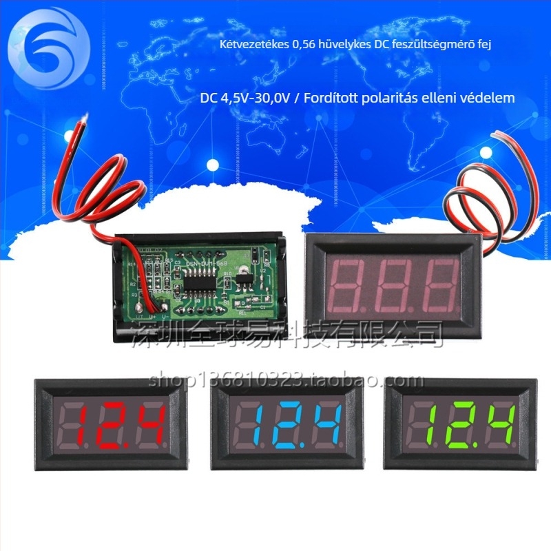 0,56 hüvelykes LED DC feszültségmérő modul, 4,5–30,0 V, fordított polaritás védelemmel