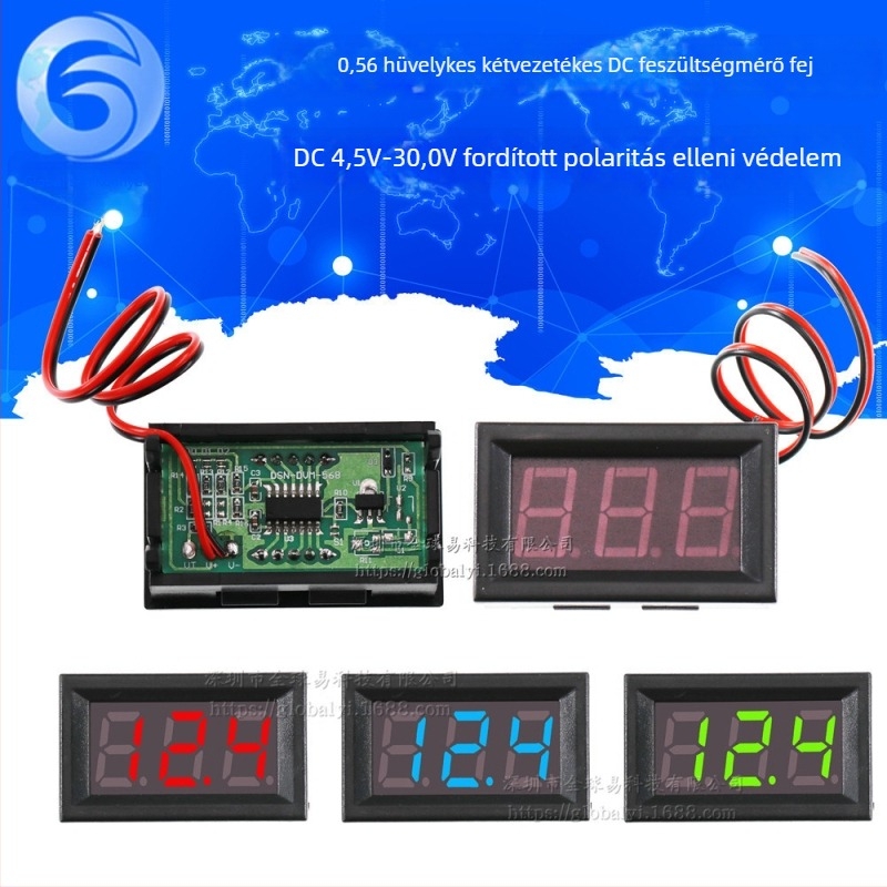 0,56 hüvelykes LED DC feszültségmérő modul, 4,5–30,0 V, fordított polaritás védelemmel