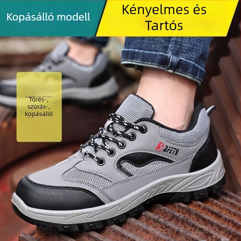 Férfi munkavédelmi cipő, könnyű és kényelmes, acélorrú és acéllemezes, ütésálló, átszúrásálló és csúszásmentes, építőipari munkához