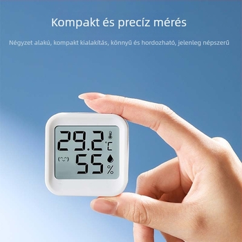 Mini beltéri digitális hőmérséklet- és páratartalom-mérő mosolygó kijelzővel, beépített akkumulátor, magas precizitás, hőmérséklet ±0.5°C, páratartalom ±3%
