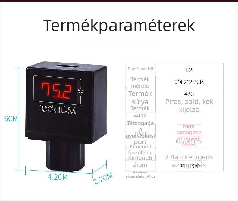 2,4A digitális feszültségmérő elektromos járművekhez USB töltővel, 48V/60V/72V/96V rendszerekhez