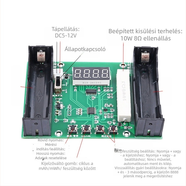 Saibang mAh/mWh Digitális mérőmodul 18650 Li-ion akkumulátor kapacitásmérő és tápegység
