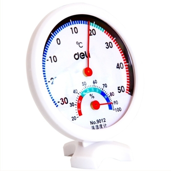 Deli 9012 beltéri hőmérséklet és páratartalom mérő – asztali és falra szerelhető mutatós higrométer – -30–50°C, 2–100% RH