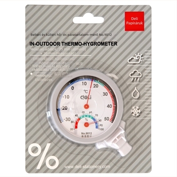 Deli 9012 beltéri hőmérséklet és páratartalom mérő – asztali és falra szerelhető mutatós higrométer – -30–50°C, 2–100% RH