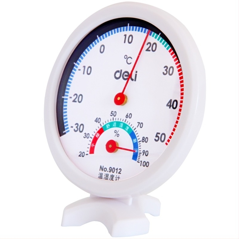 Deli 9012 beltéri hőmérséklet és páratartalom mérő – asztali és falra szerelhető mutatós higrométer – -30–50°C, 2–100% RH