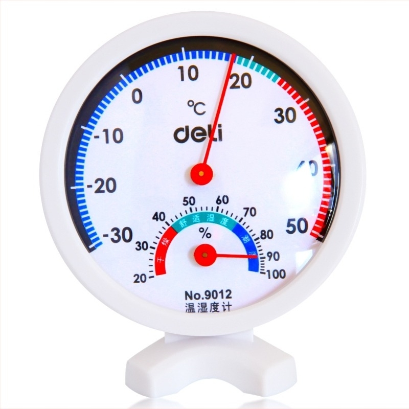 Deli 9012 beltéri hőmérséklet és páratartalom mérő – asztali és falra szerelhető mutatós higrométer – -30–50°C, 2–100% RH