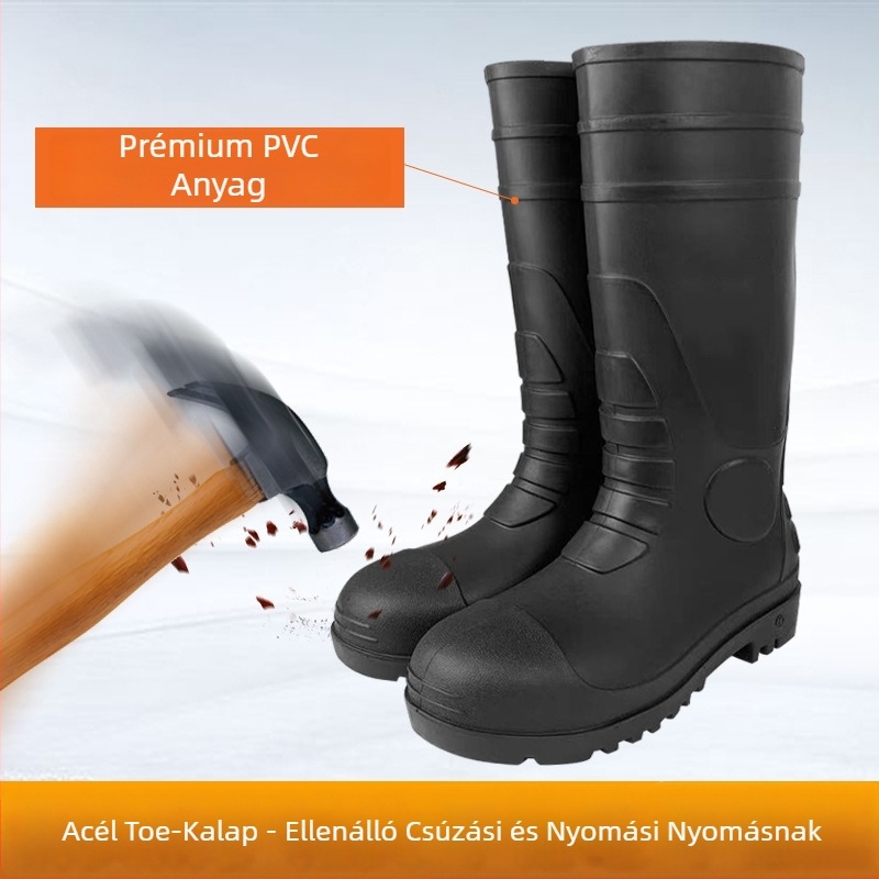 PVC magas talpú munkacipő acélorral, ütésálló, áthatolás elleni, csúszásmentes