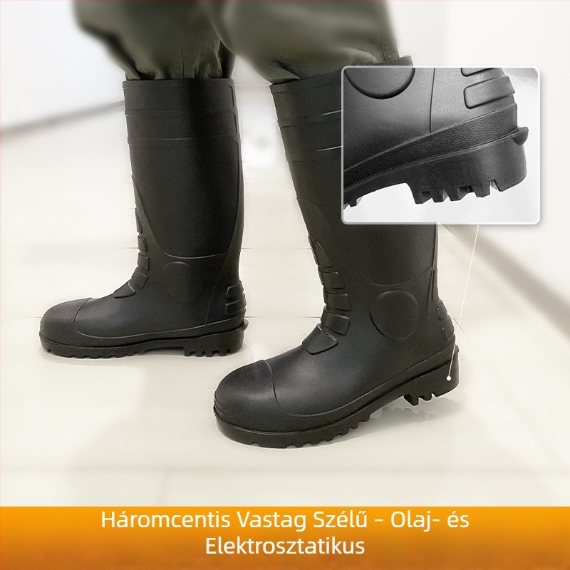 PVC magas talpú munkacipő acélorral, ütésálló, áthatolás elleni, csúszásmentes