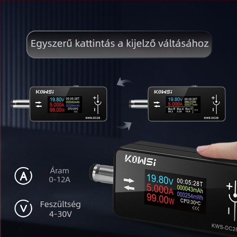 KWS-DC28 Töltésdetektor 12A magas árammal, DC5525 interfész, voltmérő és teljesítménymérő