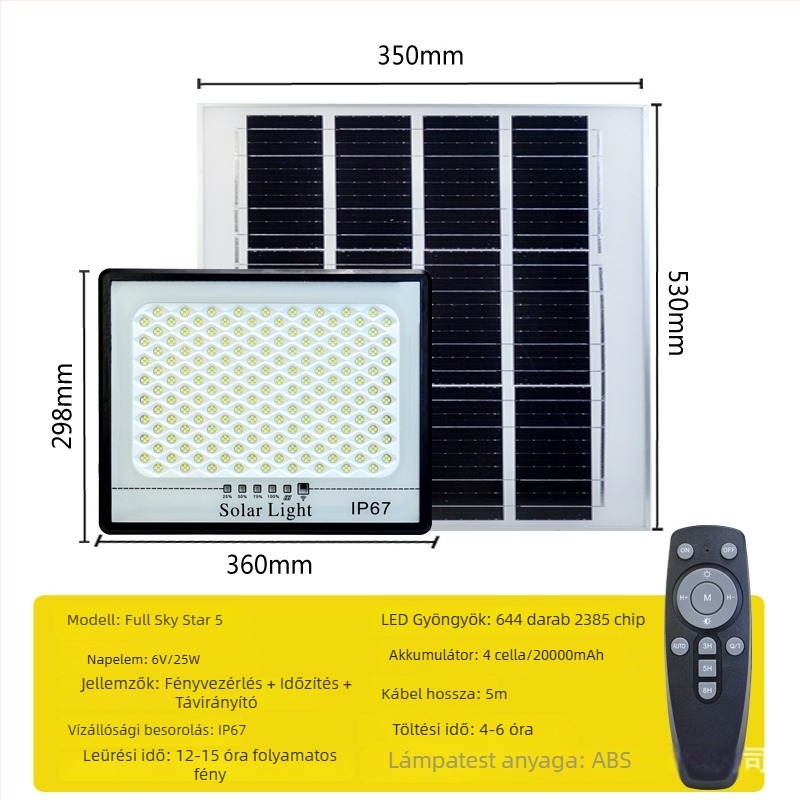 Kültéri napelemes LED reflektor, IP67 vízálló, 12–16 órás üzemidő, 3.2V, fényérzékelő vezérlés