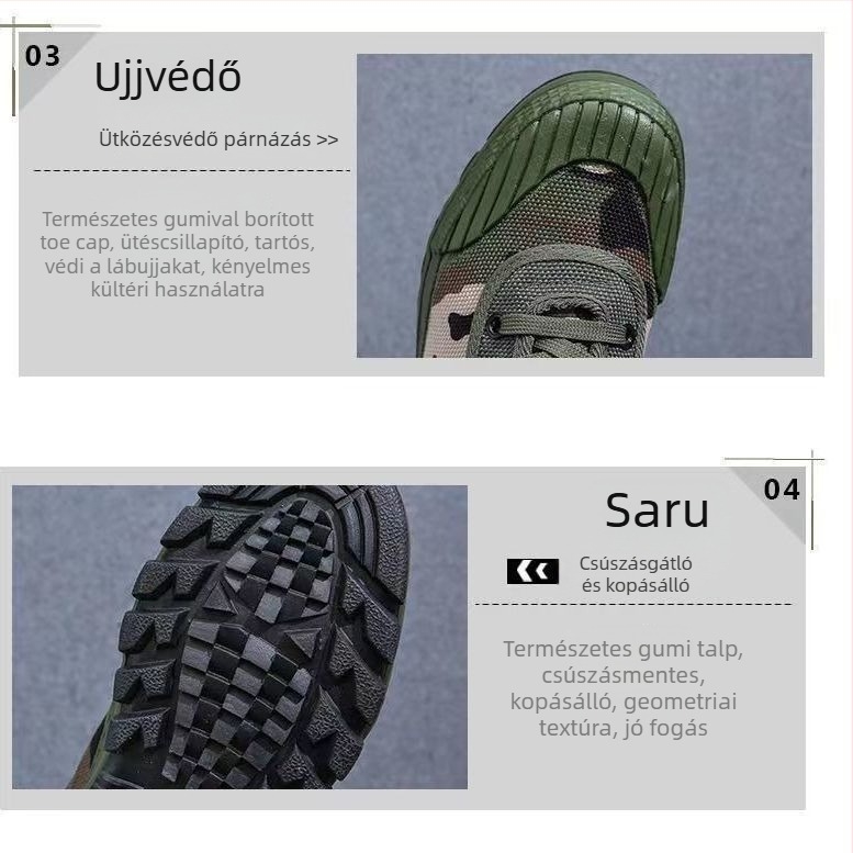 Uniszex kamuflált vászon edzőcipő, csúszásmentes és kopásálló talppal, középmagas felsőrész, átszúrás elleni védelemmel
