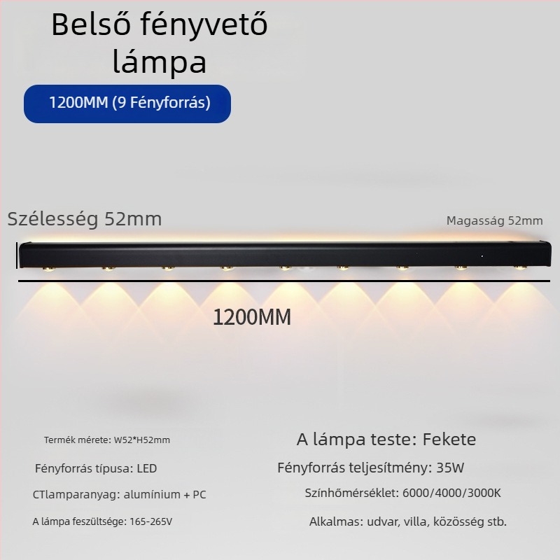 Kültéri hosszú falvilágító 90 LED-del, 165–265V, 3000K, IP54, alumínium ház