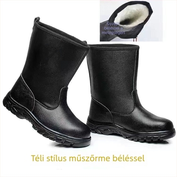 Fekete bőrből készült védőbakancs pamut béléssel, vízálló olajipari munkabakancs, magas szárú, középmagas