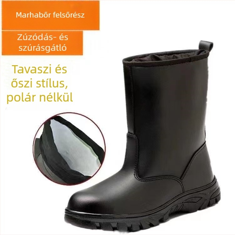 Fekete bőrből készült védőbakancs pamut béléssel, vízálló olajipari munkabakancs, magas szárú, középmagas