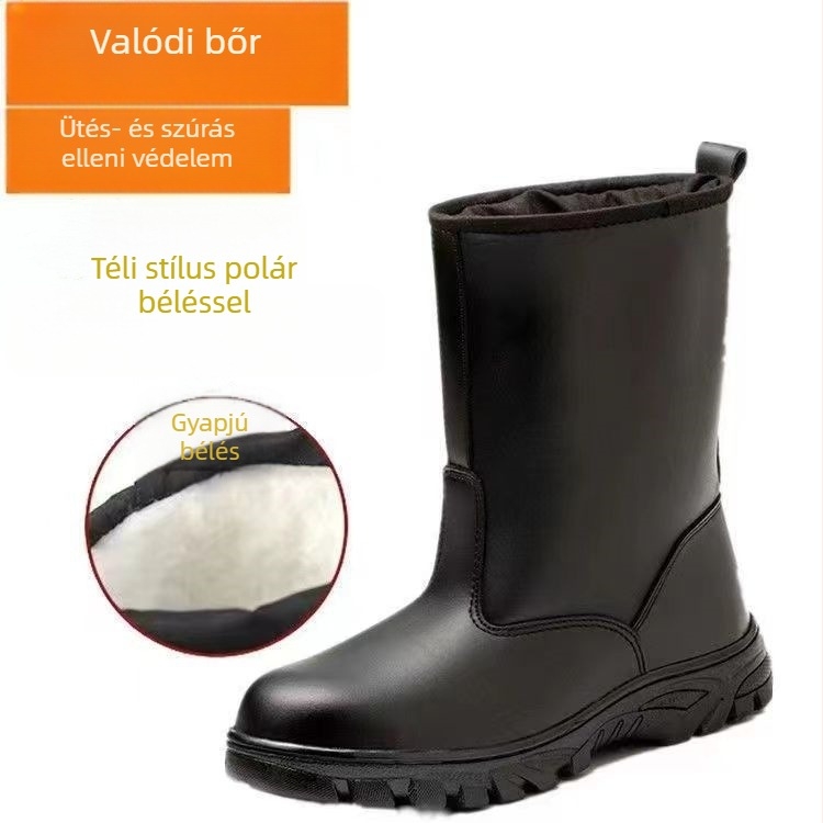 Fekete bőrből készült védőbakancs pamut béléssel, vízálló olajipari munkabakancs, magas szárú, középmagas
