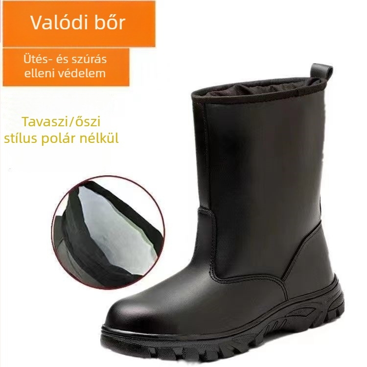 Fekete bőrből készült védőbakancs pamut béléssel, vízálló olajipari munkabakancs, magas szárú, középmagas