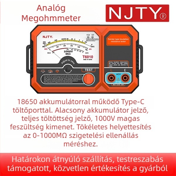 Analóg megohm-méter T6010 – 1000 V mérés, szigetelés ellenállás 2000 MΩ, 18650 akkumulátorral működik, AC 500 V