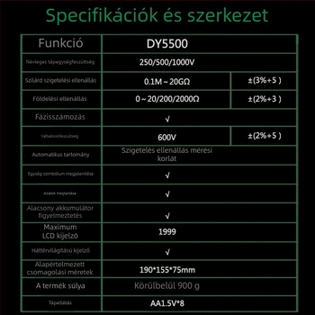 Többfunkciós digitális földelési ellenállás mérő fázissorrend feszültség és elosztási mérés funkcióval, megohm-mérő DY5500