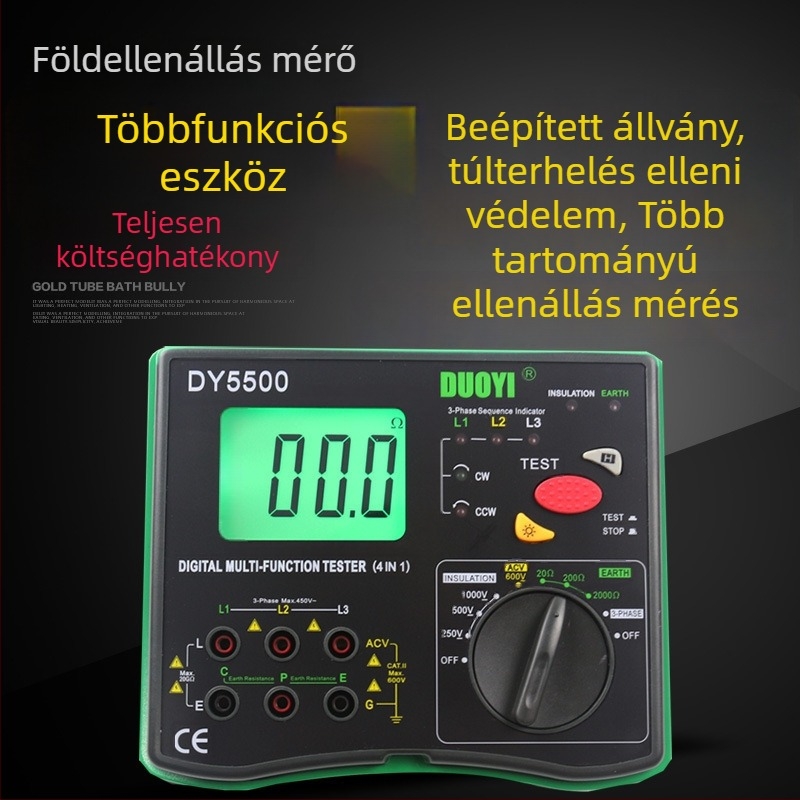 Többfunkciós digitális földelési ellenállás mérő fázissorrend feszültség és elosztási mérés funkcióval, megohm-mérő DY5500
