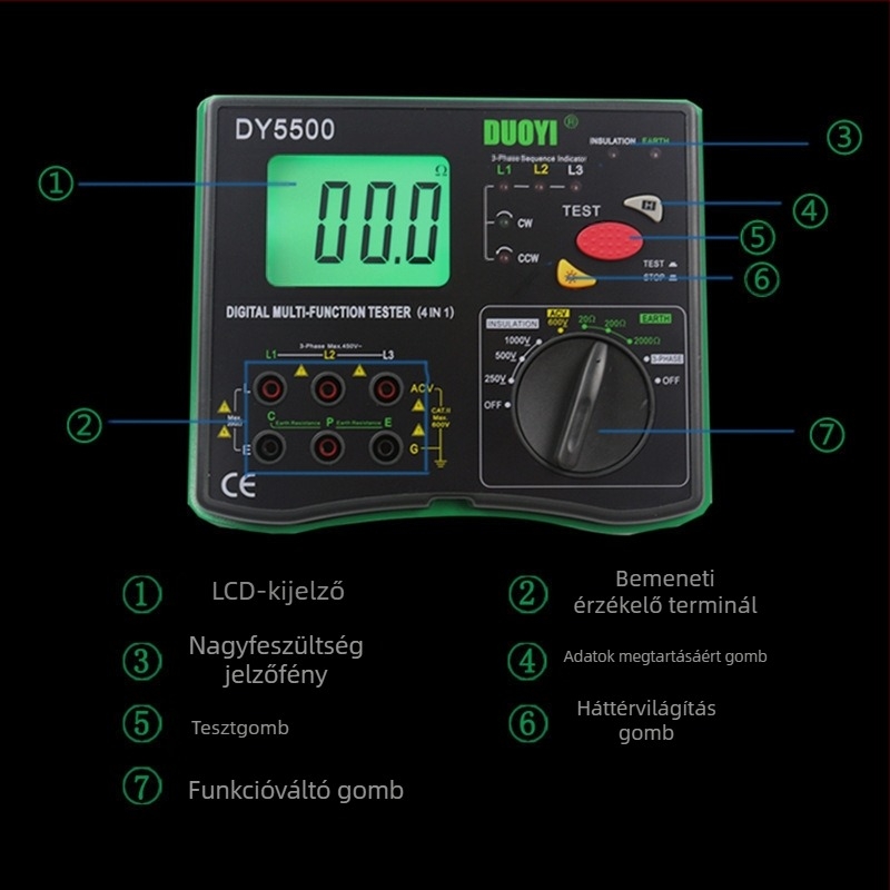 Többfunkciós digitális földelési ellenállás mérő fázissorrend feszültség és elosztási mérés funkcióval, megohm-mérő DY5500