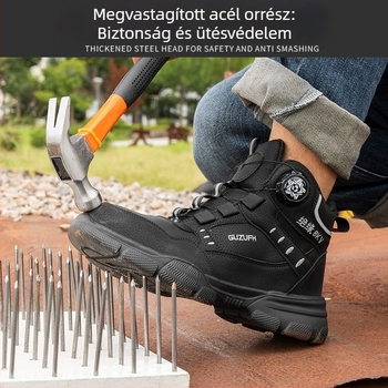 Fu Sheng téli férfi munkavédelmi cipő acélorrúval, ütés- és áthatolás elleni védelem, forgócsattal, középhosszú, mikroszálas bőr és vászon