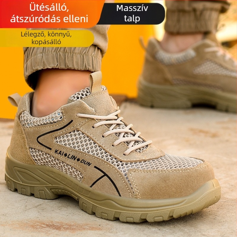 Munkavédelmi cipő acélorra, suede bőr és lélegző hálós felsőrész, alacsony fazon, ütés és perforáció elleni védelem
