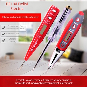 Delixi elektromos teszt toll digitális kijelzővel és LED-del, induktív csavarhúzóval megvilágított, 12–250V mérés és kontinuitás ellenőrzés