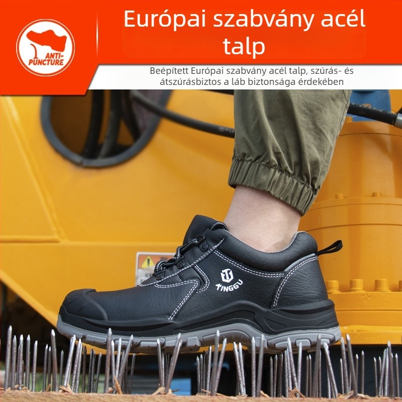 Biztonsági munkacipő, antistatikus, ütésálló és átszúrás elleni védelemmel, acél orrvédővel, merev talppal, kopásálló.