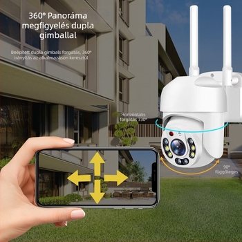 1080P vezeték nélküli WiFi kupolás kamera éjjellátással, beltéri és kültéri használatra, falra vagy mennyezetre szerelhető, pan-tilt 355° horizontalis, 90° vertikális