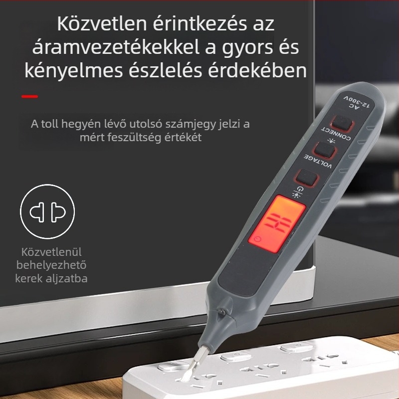 Intelligens feszültségmérő toll LED kijelzővel, zseblámpával és hang- és fényriasztással a körök vizsgálatához