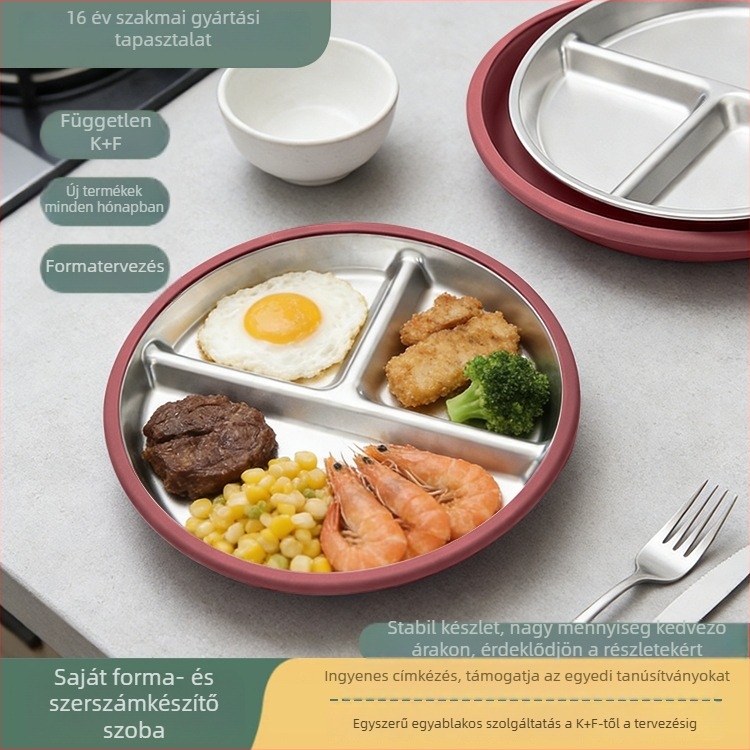 Csecsemő etető tál három rekesszel, 304 rozsdamentes acélból, minimalist stílusú, 6 hónapos kortól, egy darabos készlet