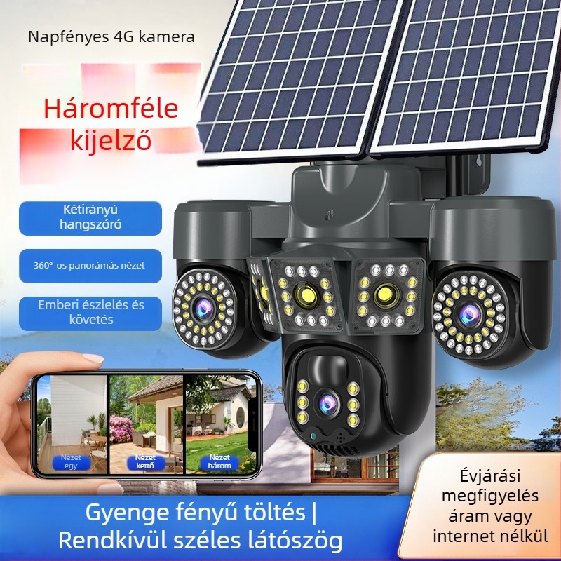 Napelemes kültéri kamera, 1080p éjszakai látás, 6 mm objektív, 30 m feletti hatótávolság, a csomag része a napelem