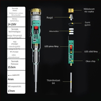 Villanyszerelői elektromos toll teszter élénk színű kijelzővel, méri a fázist és a neutrál vezetéket, ellenőrzi a kör kontinuitását