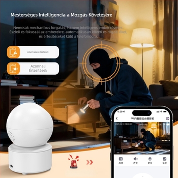 Intelligens HD megfigyelő kamera kétirányú interkommal, pan/tilt 355°/90°, horizontális 45°/s, vertikális 20°/s, kültéri használatra, DC5V