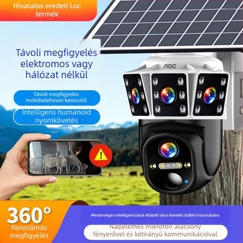Napelemes megfigyelő kamera vezeték nélküli, 360° kültéri lefedettség, vízálló, AI-alapú okos funkciók, távoli hozzáférés mobilon keresztül, 5G