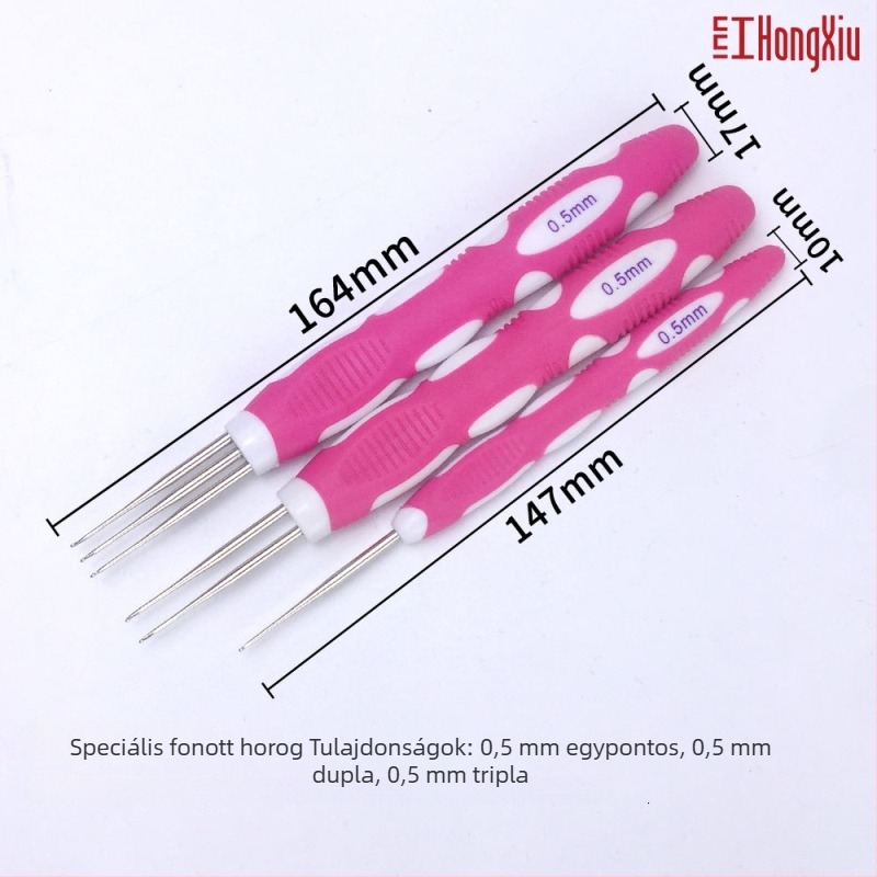 Fém hajhorgoló készlet: egylábú, kettős és háromfejű végződések, 0,5–0,75 mm, puha markolat