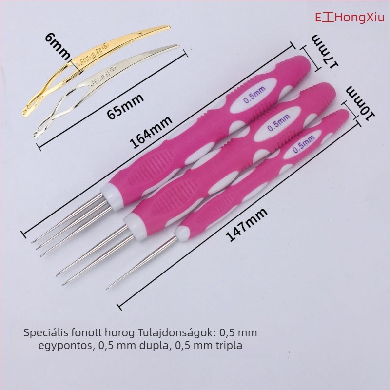 Fém hajhorgoló készlet: egylábú, kettős és háromfejű végződések, 0,5–0,75 mm, puha markolat