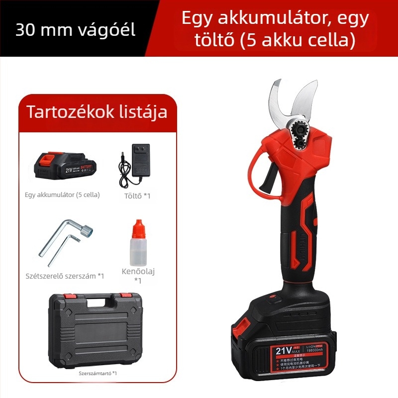 Ágvágó olló, újratölthető lítium akkumulátorral, 220V, ágakhoz, ütésmentes