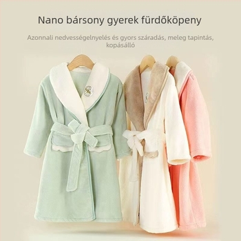 Gyerekeknek szóló korall fleece köntös – vastag, gyorsan száradó, szálak kihullása nélkül, övvel, ősz-téli szezonra