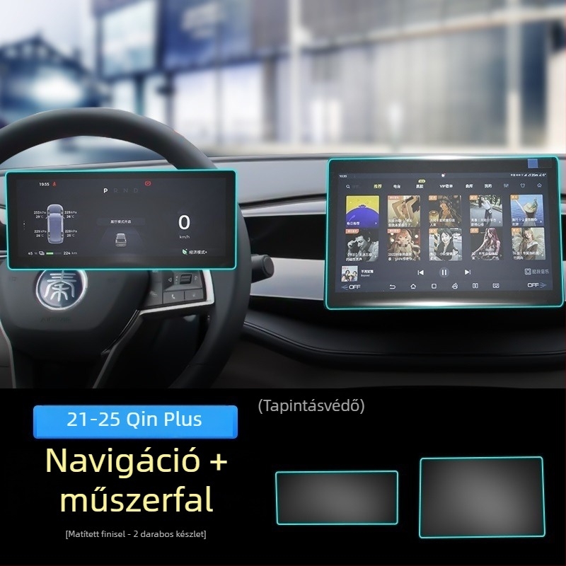 BYD Qin Plus DM-i navigációs kijelző védőfólia – edzett PET, nano bevonattal, karcolás- és kopásálló, anti-ujjlenyomat és olajálló, hőmérsékletálló