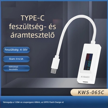 Type-C USB töltő teszter és teljesítménymérő – DC feszültség, áram és kapacitás mérése, KWS-065C