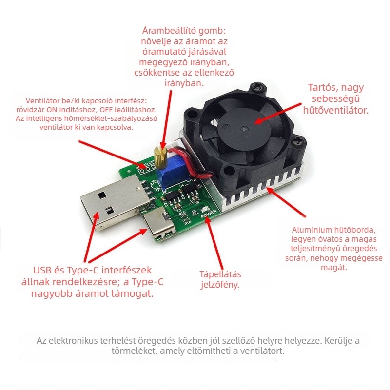 30W állítható állandó áramú elektronikus terhelő USB-hez, DC feszültség és áram tesztelésére, 20V kisülés-öregedési panel